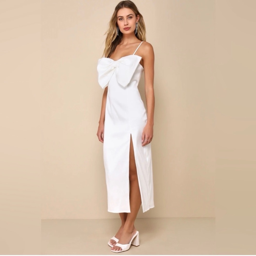 Elegant Lulus White Bow Midi Dress